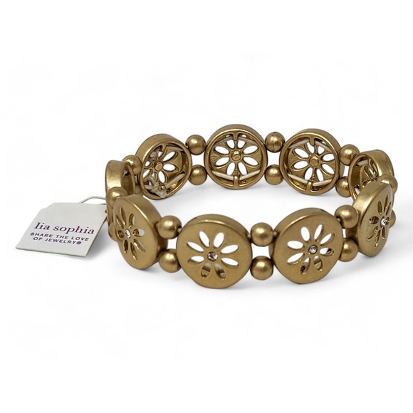 NWT Lia Sophia - Flower "Daisy Chain" Matte Gold Stretch Bracelet - Picture 7 of 10